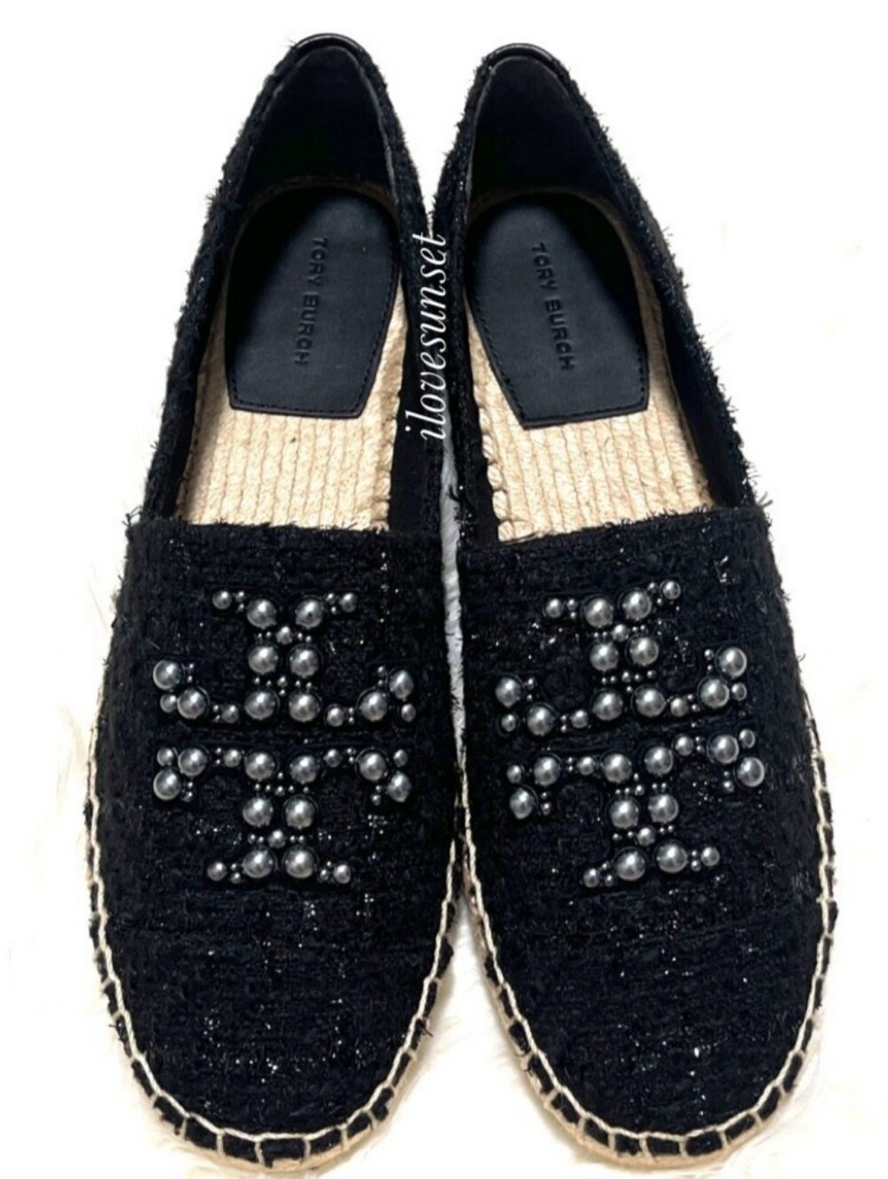 Tory Burch Black Tweed Espadrilles with Pearl Logo